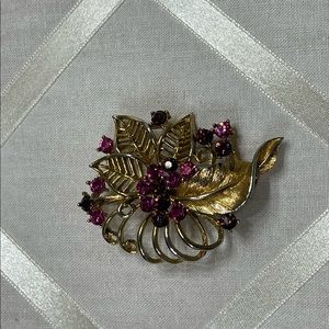 Vintage Brooch - Gold-Tone with Fuchsia Rhinestones